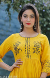 Hand block printed rayon Anarkali Kurti in mustard color, three-quarter sleeves, women's fashion