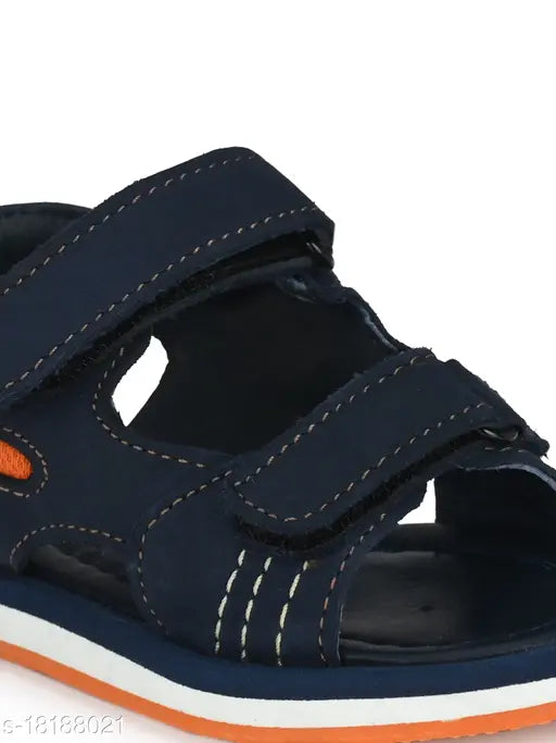 Genuine leather floaters sandals for boys, navy blue with orange trim and comfort straps
