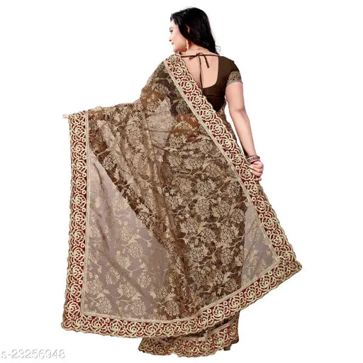 Voguish net saree with dupion silk blouse, embroidered pattern, free size, Indian origin