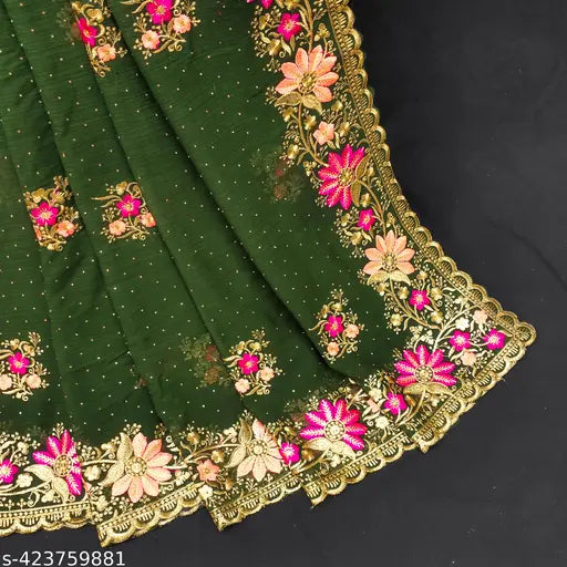 Green brocade saree with intricate floral design, pallu trim, traditional women's wear