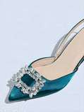 Navy blue satin high heel Mary Jane with diamond decoration, charming and attractive for spring/summer party or wedding
