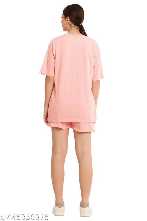 High-quality peach printed cotton nightsuit set with tops & shorts, offering comfortable style for women's lounge & sleep wear, 180 GSM cotton, made in India