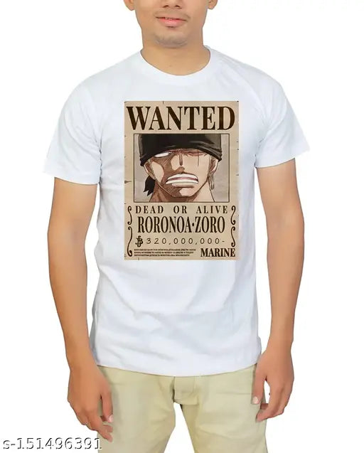 Printed Zoro Wanted polyester t-shirt (Sleeve: Short, Size: M), striped design on casual-fit round neck