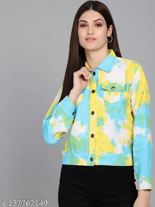 Colorblocked cotton tye dye hit twill jacket, long sleeves, size N, India origin