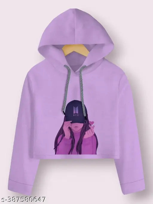 Purple cotton blend BTS printed hooded sweatshirt for girls aged 4-16, full sleeve design