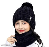 Winter soft warm ball cap set, inside fur woolen beanie with scarf for women and girls. Black