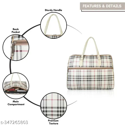 Plaid women's handbag with gold hardware and zip closure