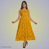 Yellow rayon sleeveless anarkali kurti with tilak print, Indian fashion for women