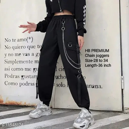 Stretchable black hip hop chain joggers by HighBuy, free size waist 28-34 for comfortable fit and stylish urban fashion