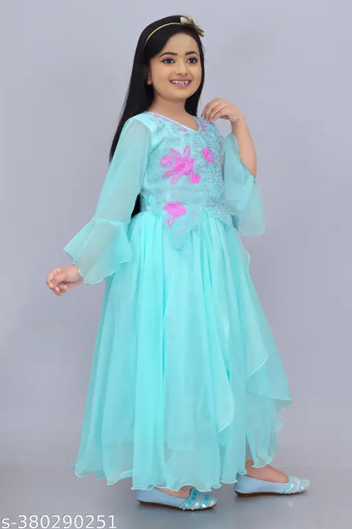 Teal tulle children's party dress, long sleeves, blue sash