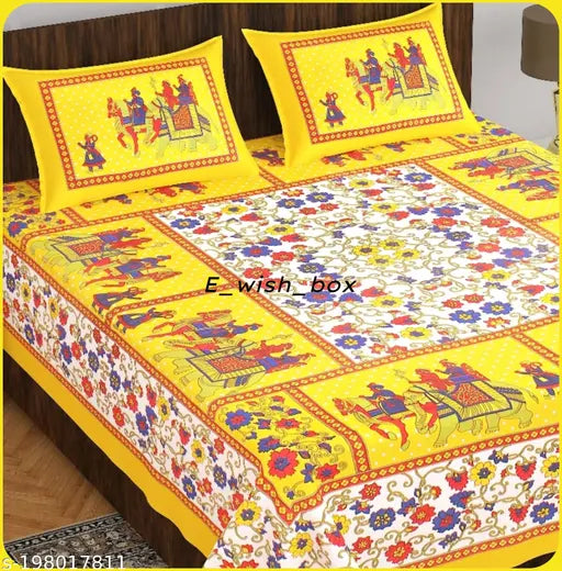 Yellow cotton bedsheet with elephant print, 100x90 double bedsheets.