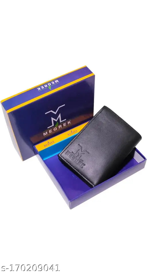 Black genuine leather 3-fold men's wallet, solid pattern, 5 compartments, free size (12cm x 4cm), India-made quality accessory