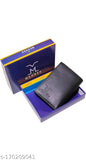 Black genuine leather 3-fold men's wallet, solid pattern, 5 compartments, free size (12cm x 4cm), India-made quality accessory