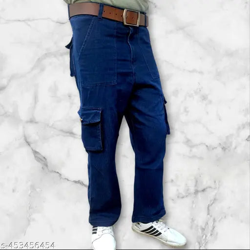 Dark blue denim cargo pants men's style