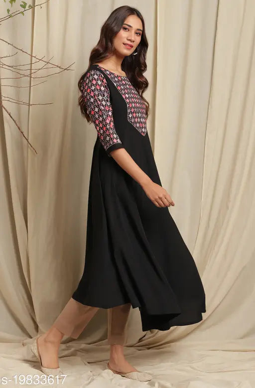 Womens black poly crepe long kurta