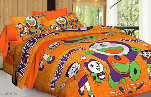 Cotton Jaipuri bedsheets with Doraemon cartoon print (2 queens, 4 pillow covers), vibrant Indian-made bedding set