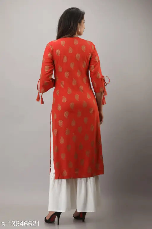 Red printed rayon kurta shawar set, long sleeves, traditional wear