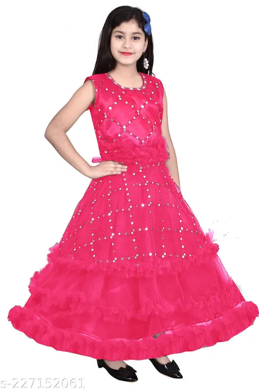 Hot pink embellished floor-length party gown for girls, intricate detailing
