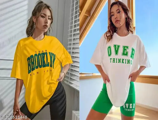 Female model showcasing oversized tshirt combo in Brooklyn style, sporting colors yellow and blue, with one featuring overthinking text