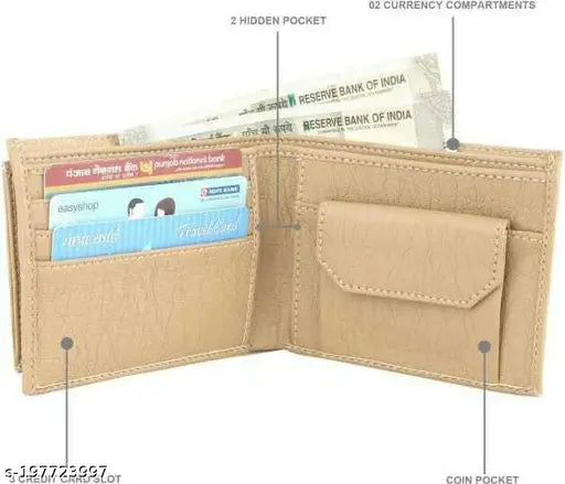 Beige PU leather men's casual wallet (5 card slot), ultra-slim design for daily use and practical storage for cards, coins, and cash