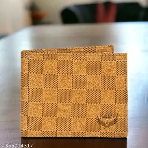 Baige PU leather bi-fold men's wallet, faux leather texture, 6 card slots, 2 currency compartments