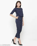 Blue crepe women's jumpsuit, solid pattern, three-quarter sleeves, elastic waist, side pockets, India origin