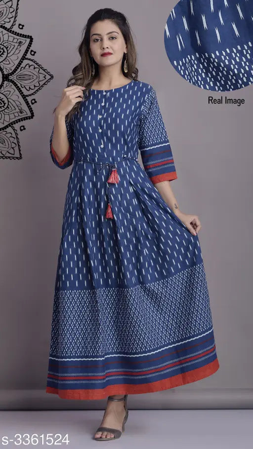 Women's three-quarter sleeve cotton kurti, ethnic motif printed in vibrant Indian combos