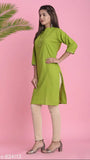 Green cotton knee-length kameez with long sleeves, button closure