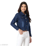 Fashionable denim jacket for women, long sleeves, dyed/washed pattern, size S (35in bust, 18in length)