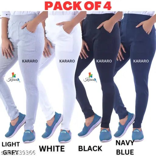 Stylish cotton blend jeggings pack of 4, all-over print in various sizes. Indian-made, comfortable, and lightweight jeggings for women
