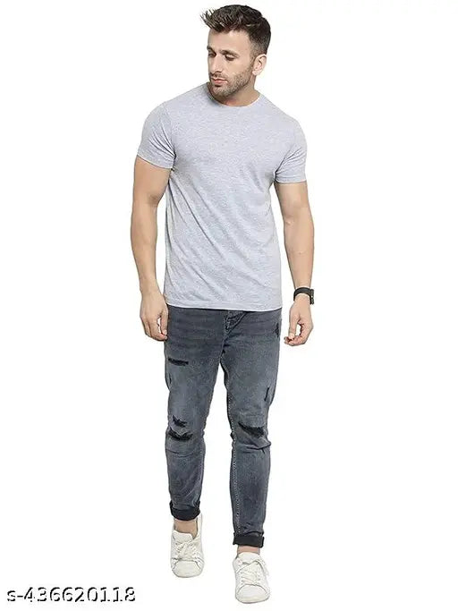 Men's short sleeve round neck cotton blend tee, premium breathable fabric, versatile layering option, solid pattern, India origin
