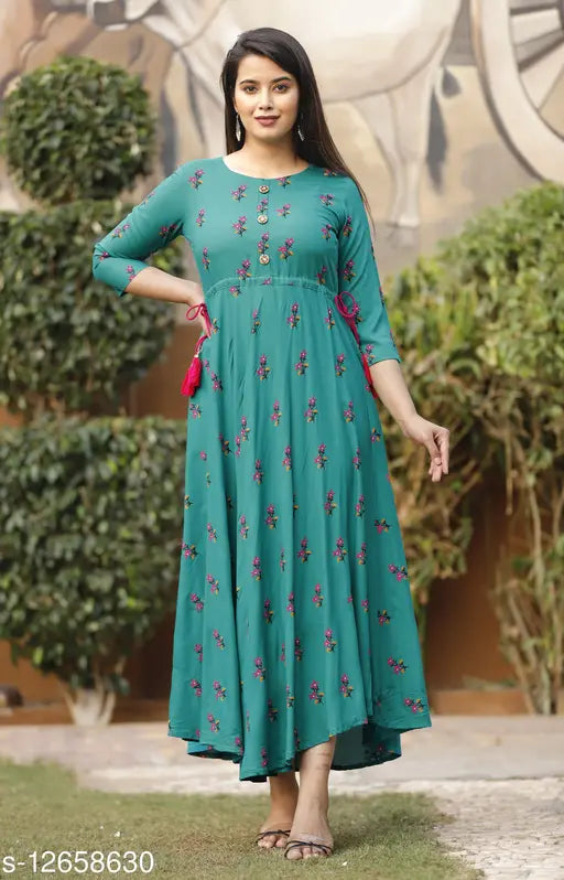 Rayon women's floral printed three-quarter sleeve Kurti, ideal for maternity and casual events. Indian made, perfect for any occasion