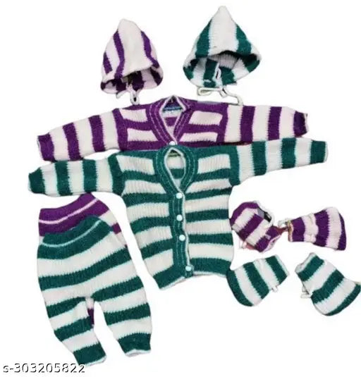 Green and purple self-design striped wool baby sweater set for newborns, featuring matching accessories like cap and booties. Two pieces in the set, ideal for both boys and girls. Perfect for a special look for your newborn baby. Origin: India (Sizes 0-3 Months)