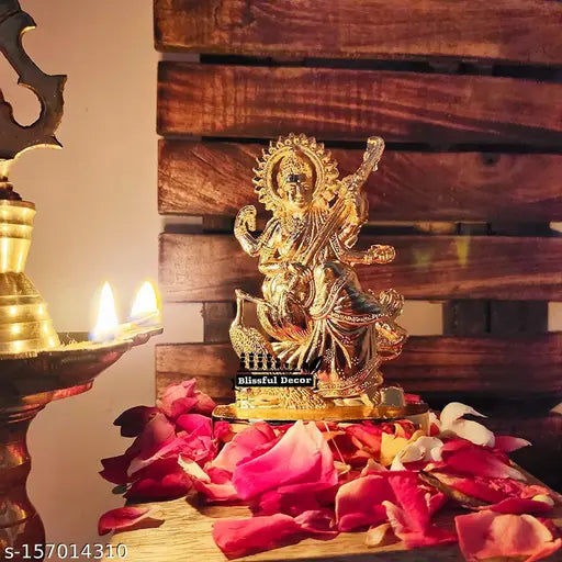 Gold-finished Saraswati MATA statue, 10" x 4.5" x 0.5", Indian temple decor for car dashboard or office showpiece