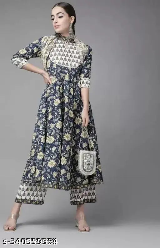 Anarkali Rayon kurta set with Chanderi dupatta and Palazzos, Indian fashion for women in sizes L & XXL