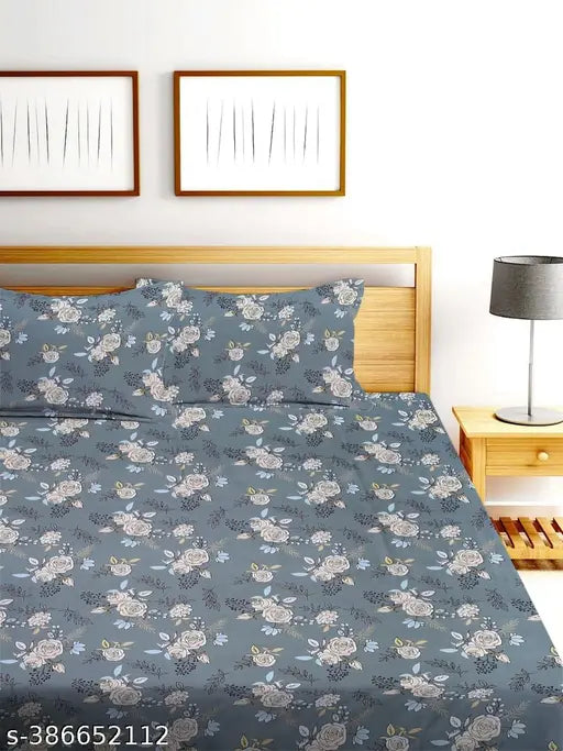 Blue Strip Elastic Cotton Floral Double Bed Sheet Set with Pillow Covers (78x72), Machine washable, Made in India