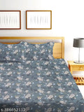 Blue Strip Elastic Cotton Floral Double Bed Sheet Set with Pillow Covers (78x72), Machine washable, Made in India