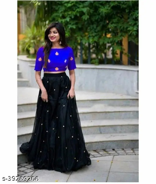 Black silk and net embroidered lehenga choli for women, semi-stitched, Indian origin