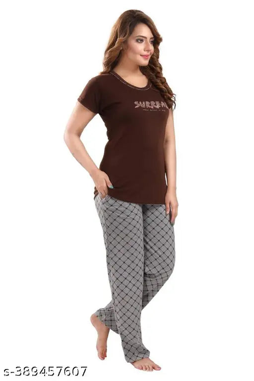 Brown hosiery cotton night dress suite with printed net pattern, ideal for daily wear and comfort during sleep or casual occasions. Indian-made, soft fabric perfect as everyday companion