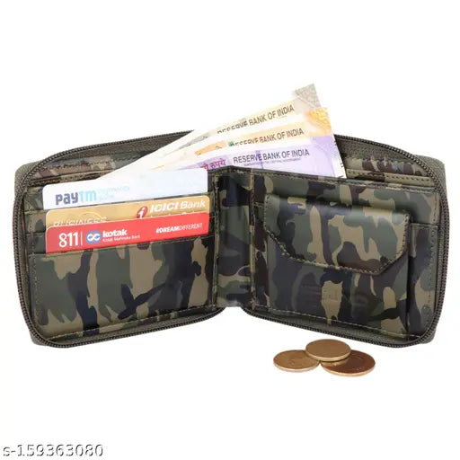 Faux leather small army round zip wallet, printed net pattern, durable cloth lining, 2 compartments, made in India