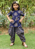 Misbis blue floral printed designer kurta with dhoti pants set for baby girl. 100% rayon, soft touch feel, A-line top, dhoti pants, three-quarter sleeves. Baby girl fashion accessory in India