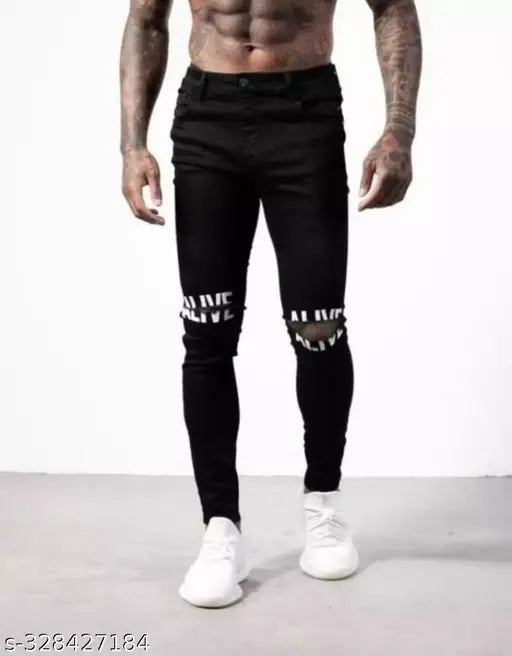 Designer black denim knee-cut jeans, latest style with solid fabric and slim fit, size 28 (waist 28in, length 40in), made in India