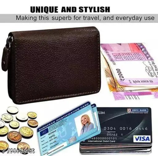 Black faux leather wallet with 5 compartments, solid pattern, zipper card holder