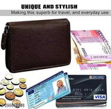 Black faux leather wallet with 5 compartments, solid pattern, zipper card holder
