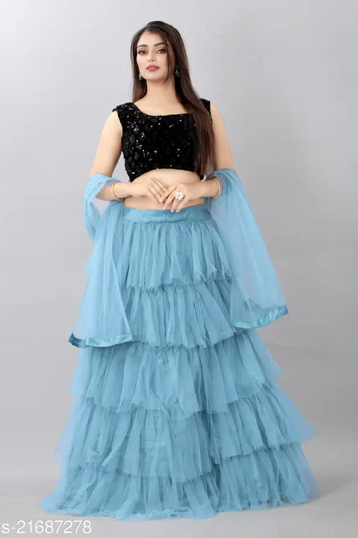 Sky blue net lehenga semi-stitched with sequined choli & dupatta, velvet topwear, solid pattern on dupatta. Indian traditional wedding outfit