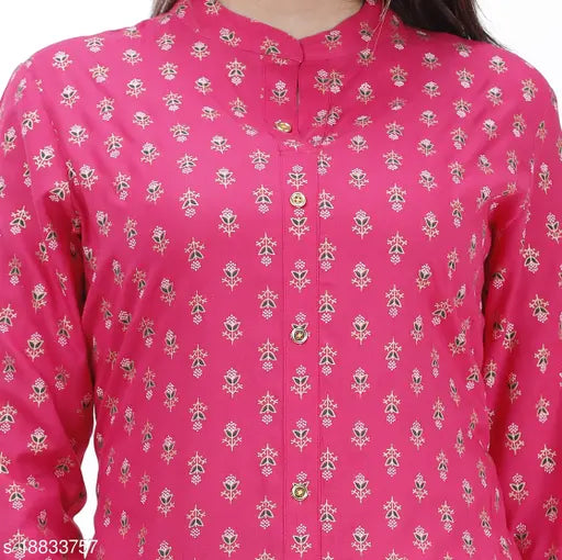 Trendy petite women's rayon kurta set with palazzos, three-quarter sleeves, printed net, single size available (S-XXXL)