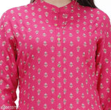 Trendy petite women's rayon kurta set with palazzos, three-quarter sleeves, printed net, single size available (S-XXXL)