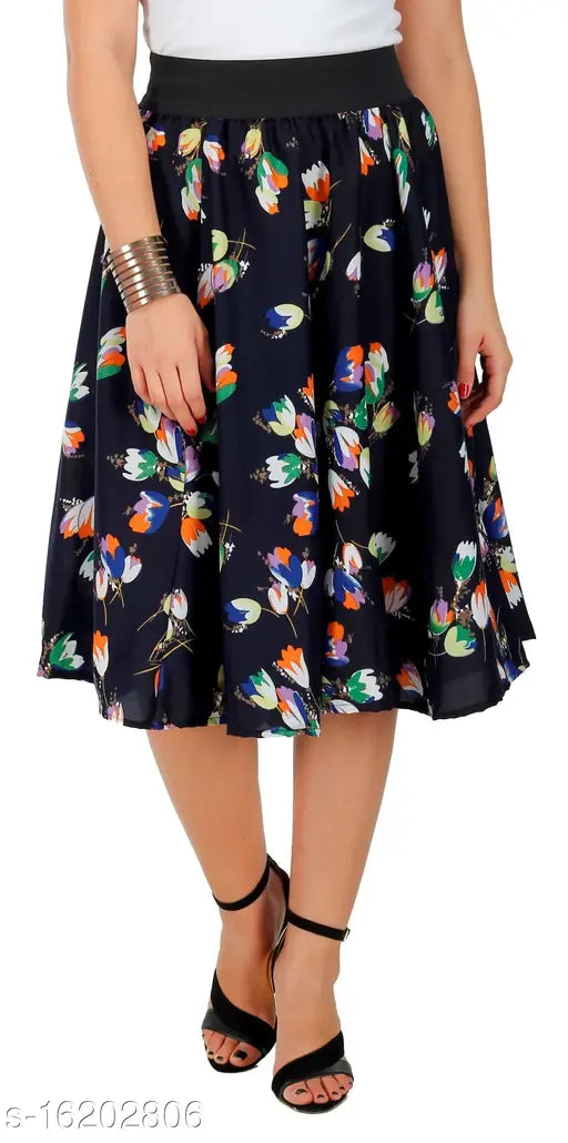Royal blue crepe skirt with lily flower print embroidered net, size 26/32/34/36 (waist 38in, length 40in, hip 40in), India origin