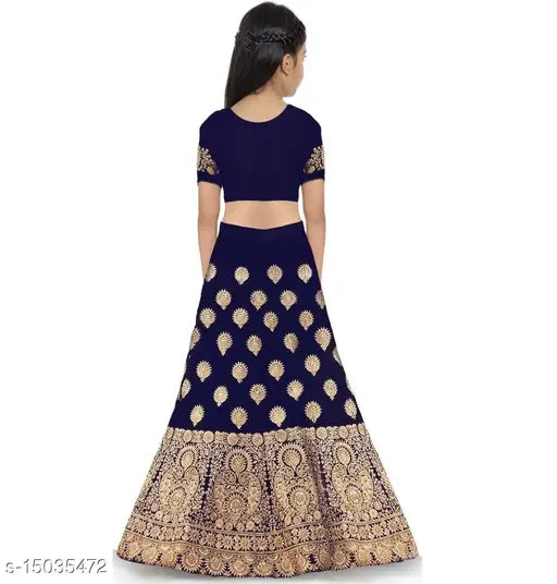 Blue silk semi-stitched lehenga choli for kids (36in), embellished with embroidery on taffeta top and net dupatta