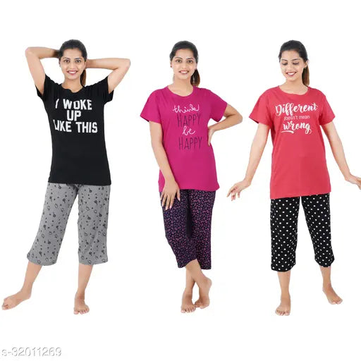 Yellow, cool cat-themed cotton pyjama set with printed capri top